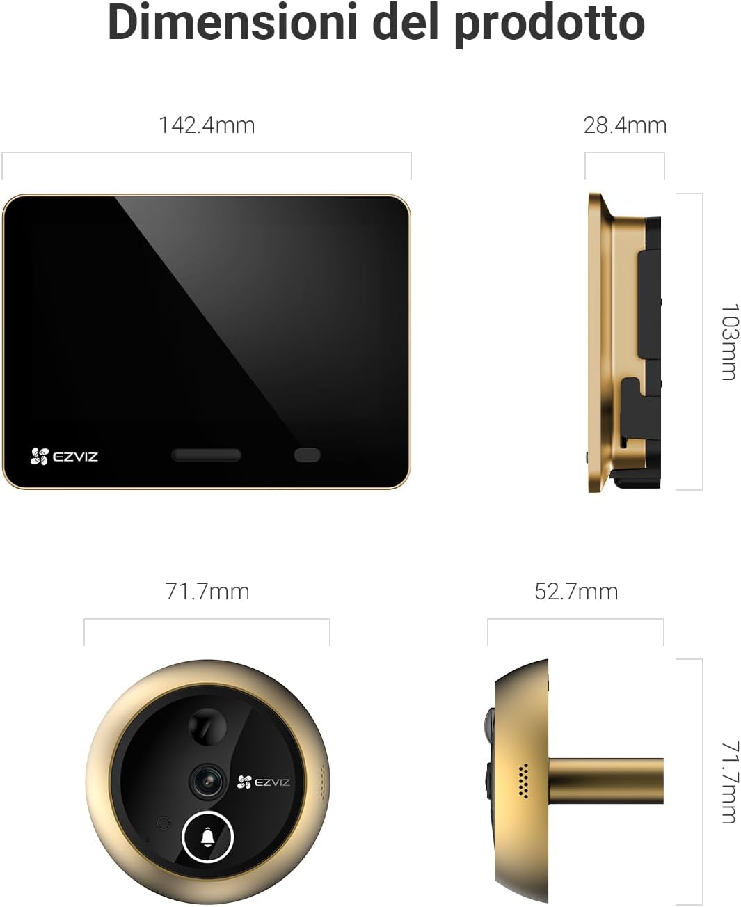 EZVIZ EP4 Spioncino Digitale WiFi 4K con Schermo Touch da 5,5", Batteria 7100mAh, Riconoscimento Facciale AI, Audio Bidirezionale, Visione Notturna, Rilevamento PIR, Supporta MicroSD 512GB, Oro