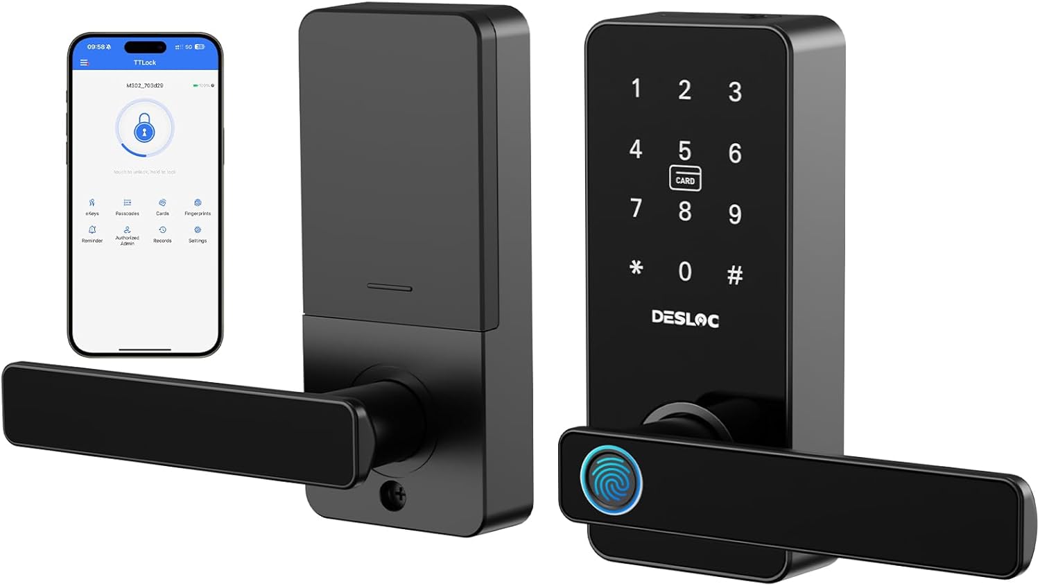 DESLOC B200L Fingerprint Smart Lock with Handle, Keyless Entry Door Locks for Front Door and Bedrooms, App Control, Touchscreen Keypad, Auto-Lock, 12-Month Battery, Emergency Power Port, IP54 Black
