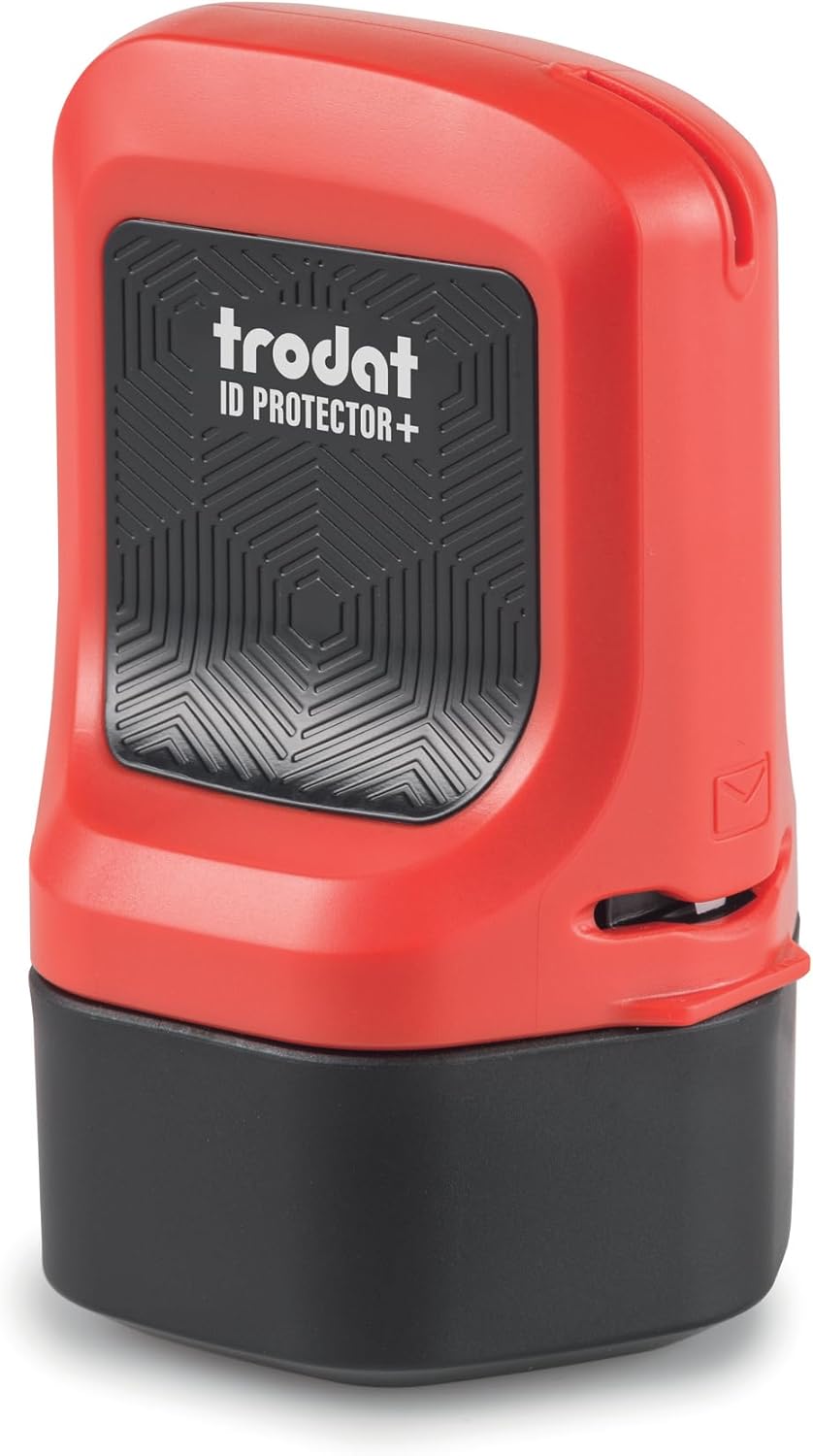 Trodat ID Protector+ Ink Roller, Timbro a Rullo di Inchiostro 3 in 1 per Protezione Dati dal Furto di Identità in 1 Solo Gesto, con Apri-Lettere e Lama Apri-Pacchi Integrati, Rosso Inchiostro Nero