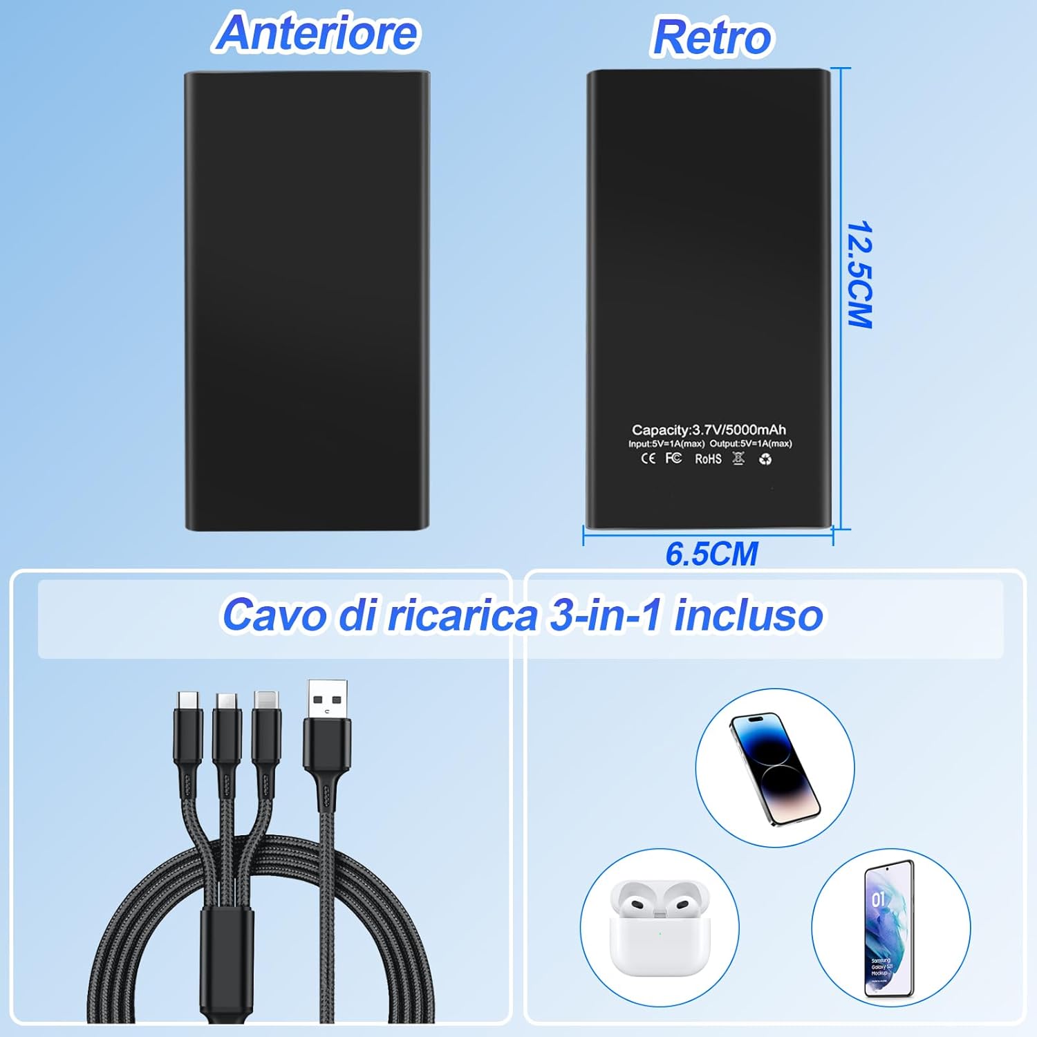Telecamera Spia Power Bank, Doppia Funzione 1080P HD Mini Telecamera Spia Nascosta, Batteria 5000 mAh per 17 Ore di Registrazione con Cavo USB 3-in-1