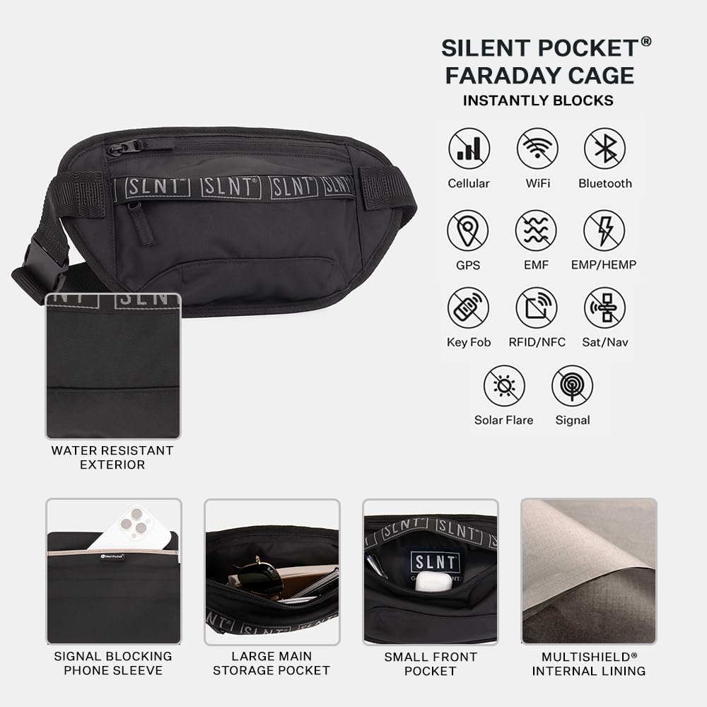 Silent Pocket SLNT Essentials Borsa a tracolla Faraday con blocco del segnale e tasca per ridurre i campi elettromagnetici, per uso in rete o fuori rete