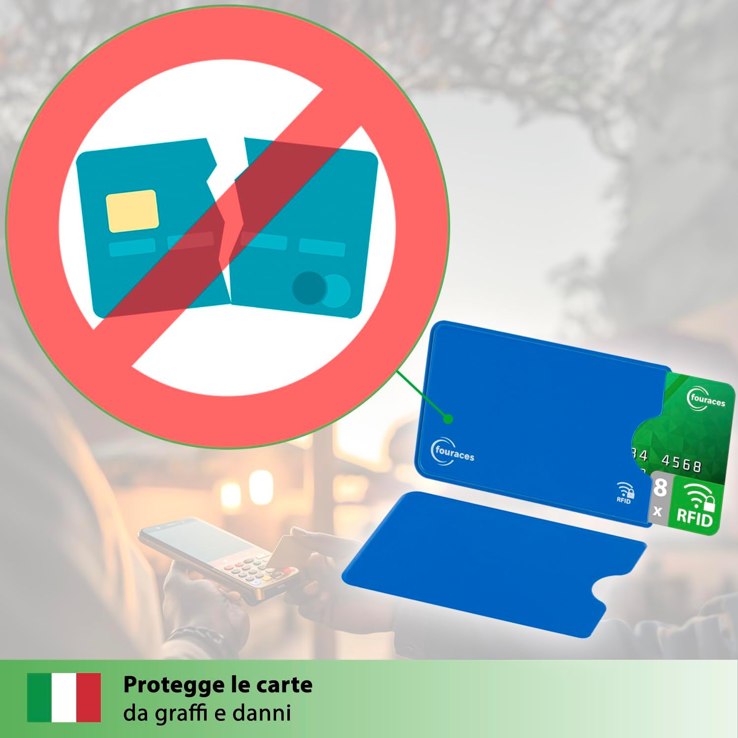 fouraces 8x porta tessere carte di credito con protezione RFID - proteggi tessera, schermato - per bancomat, blocking, protection