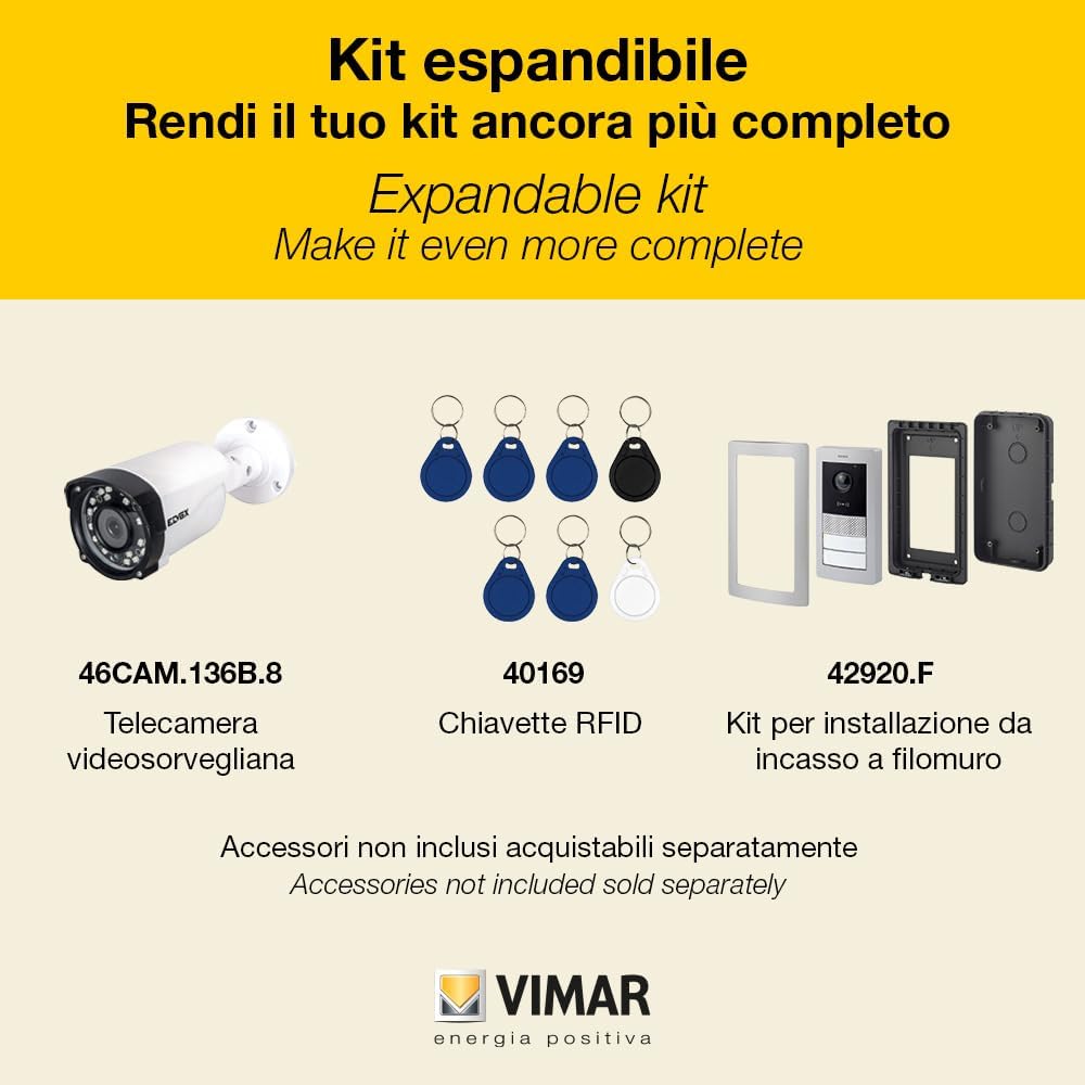 Vimar K42910 Kit videocitofono monofamiliare da parete con con tastiera capacitiva, alimentatore multispina, targa audiovideo RFID, staffe per fissaggio, tradizionale