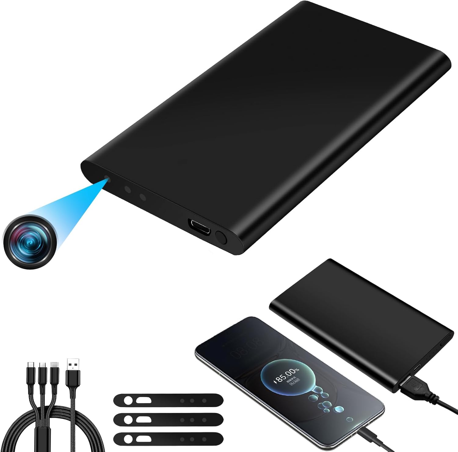Telecamera Spia Power Bank, Doppia Funzione 1080P HD Mini Telecamera Spia Nascosta, Batteria 5000 mAh per 17 Ore di Registrazione con Cavo USB 3-in-1