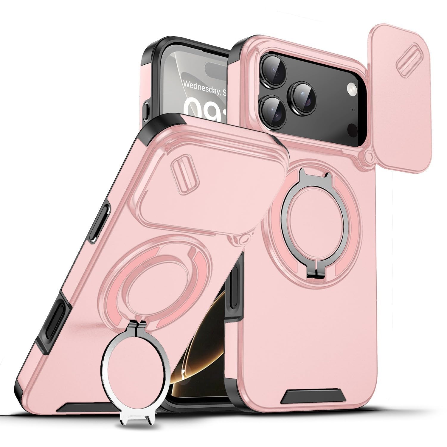 Mixroom - Custodia Cover per iPhone 13 Protezione Antiurto Militare con Supporto cellulare a stand Cavalletto ad Anello Magnetico Copertura Fotocamera Slide Scorrevole C07 Nero
