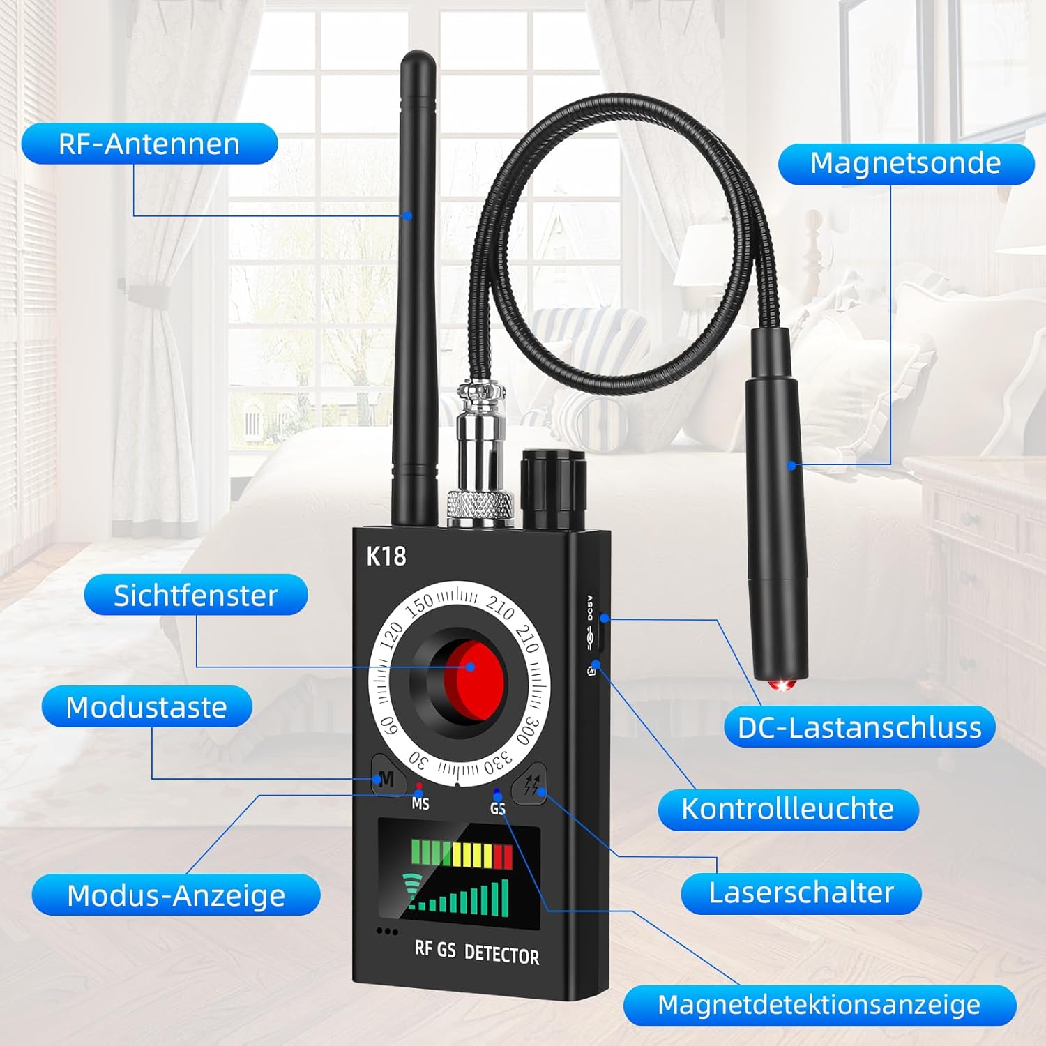 Rilevatore Microspie 4 in 1 – Rilevatore di Telecamere Nascoste, GPS Tracker, RF Signal Scanner e Forte Rilevatore Magnetico con 5 Livelli di Sensibilità per Casa Ufficio Hotel