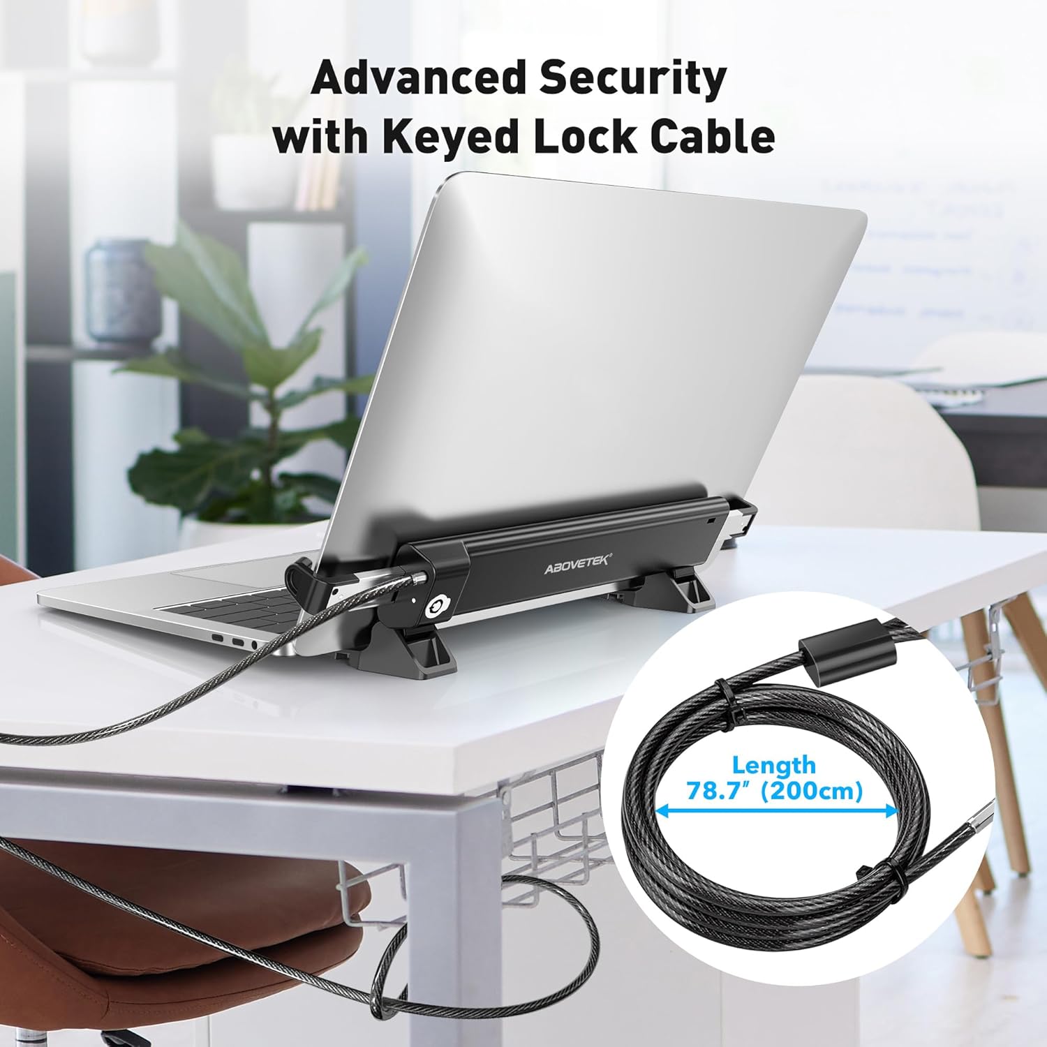AboveTEK Blocco di Sicurezza per Laptop con 2m Cavo Chiavato: Stazione di Bloccaggio Antifurto, Larghezza Regolabile 28,2-39,8CM, Opzione di Montaggio Fisso o Portatile, Adatto per Notebook da 12"-16"