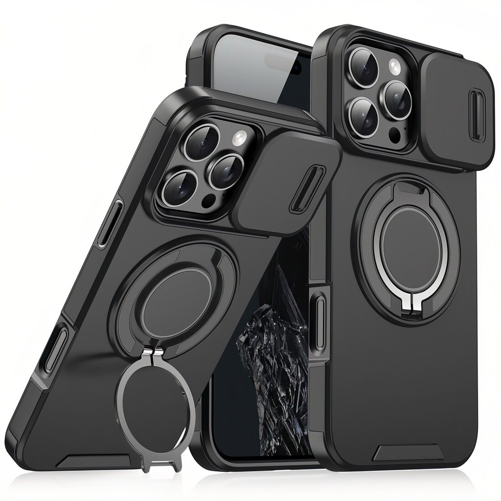 Mixroom - Custodia Cover per iPhone 13 Protezione Antiurto Militare con Supporto cellulare a stand Cavalletto ad Anello Magnetico Copertura Fotocamera Slide Scorrevole C07 Nero