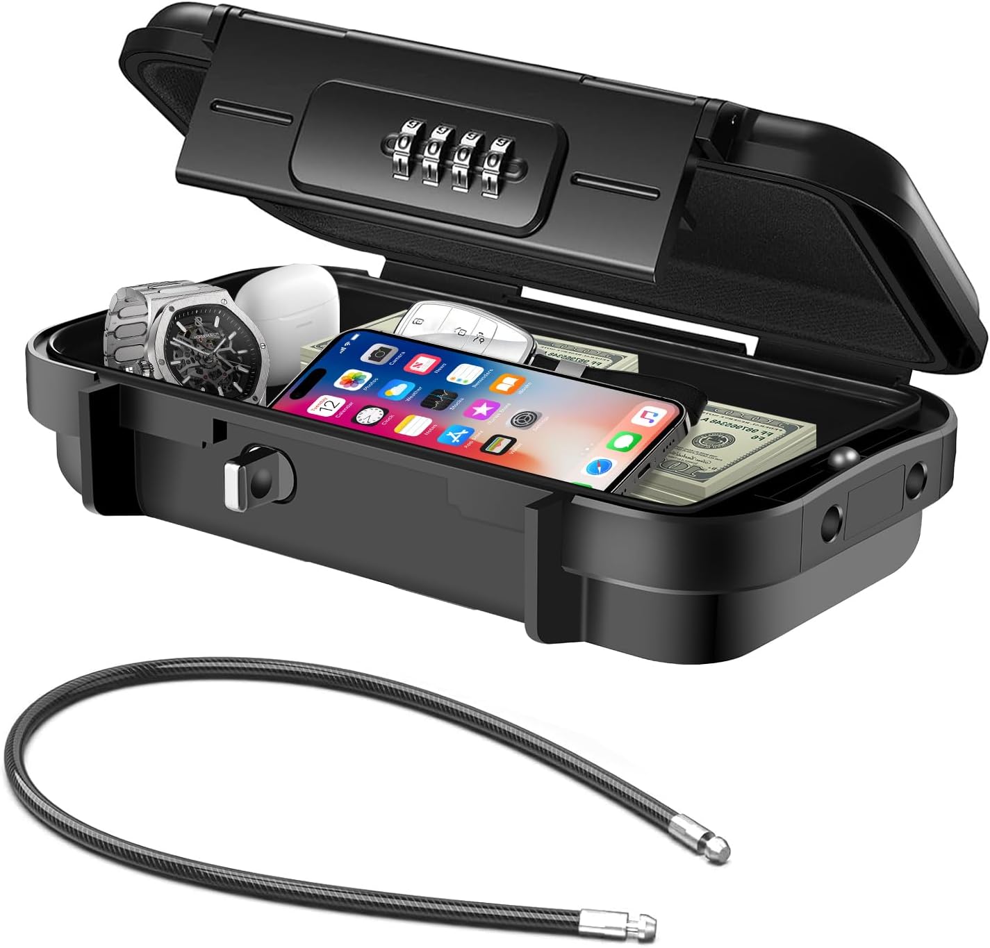 Cassaforte portatile con codice - Impermeabile e antifurto - Cassaforte da viaggio - Con cavo metallico rimovibile - Per la spiaggia, le auto, l'ufficio, le vacanze - Nero