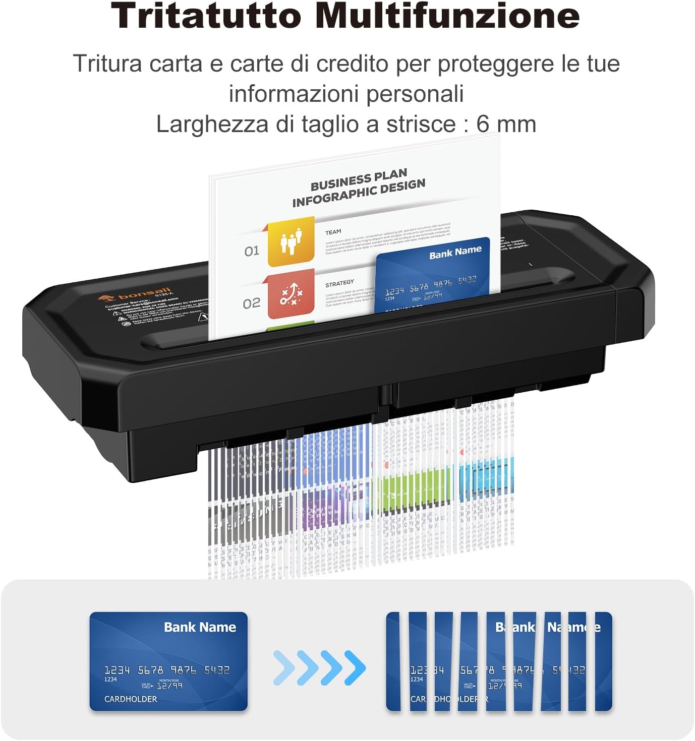 Bonsaii Tritadocumenti da 6 fogli, compatto per ufficio domestico; tritura carte di credito a strisce, P-2, design portatile con manico estendibile, S125-A