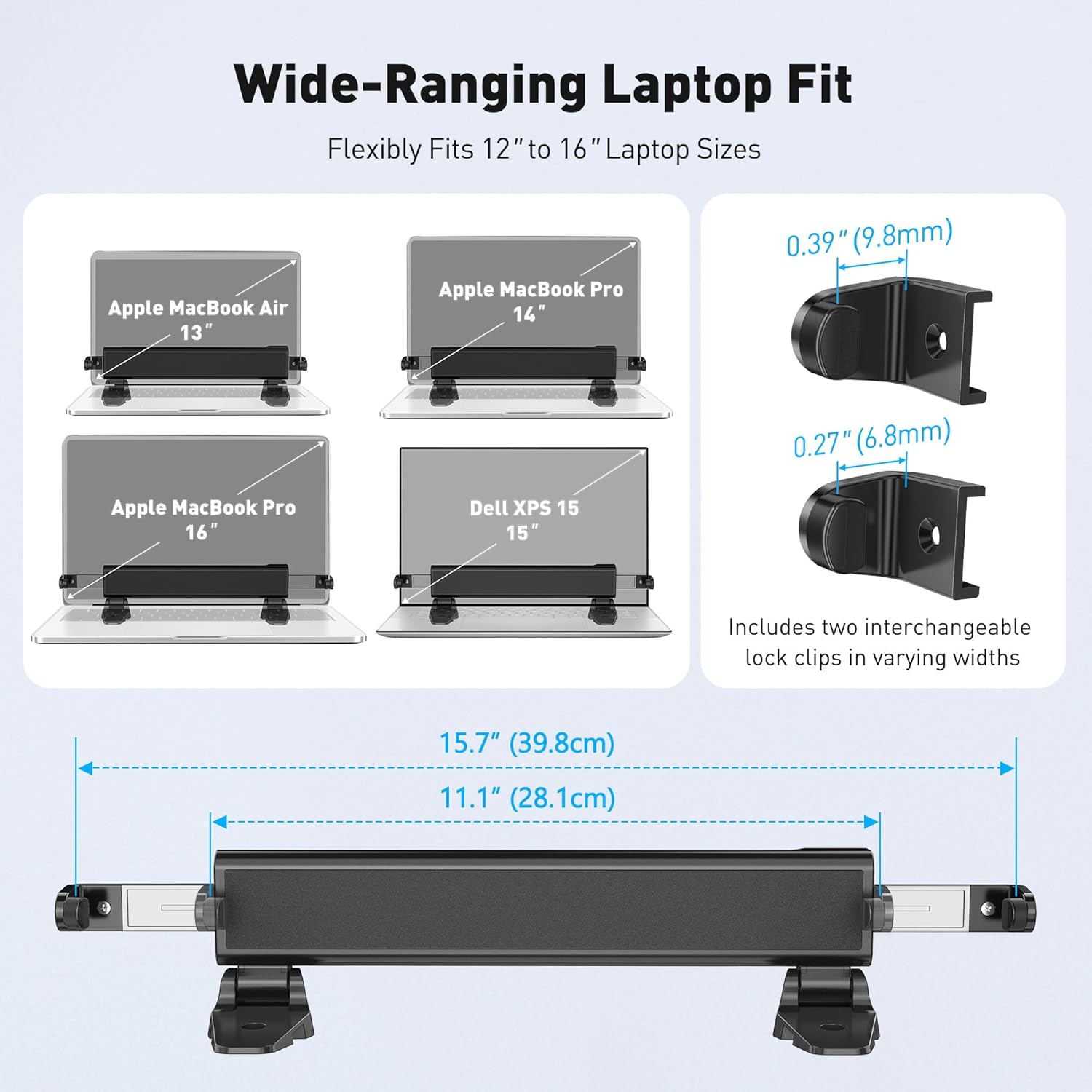 AboveTEK Blocco di Sicurezza per Laptop con 2m Cavo Chiavato: Stazione di Bloccaggio Antifurto, Larghezza Regolabile 28,2-39,8CM, Opzione di Montaggio Fisso o Portatile, Adatto per Notebook da 12"-16"
