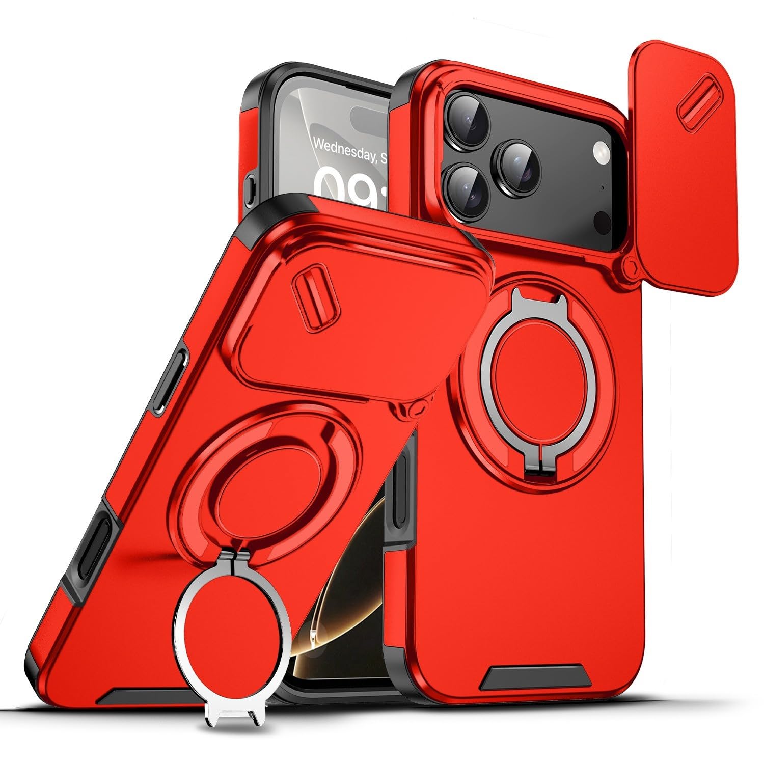 Mixroom - Custodia Cover per iPhone 13 Protezione Antiurto Militare con Supporto cellulare a stand Cavalletto ad Anello Magnetico Copertura Fotocamera Slide Scorrevole C07 Nero