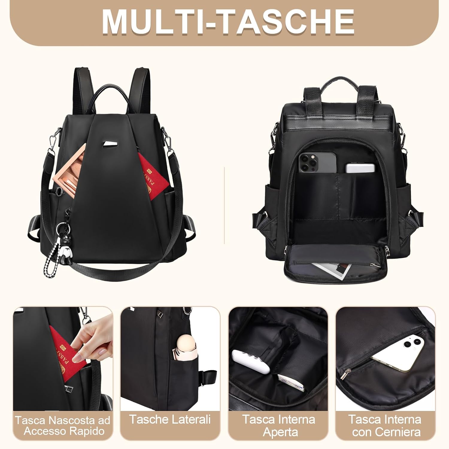 Eshow Zaino Da Donna Antifurto, Zainetto Multifunzionale, Borsa Casual ed Moda per Viaggio, Scuola, Lavoro, Shopping, Visite e Università