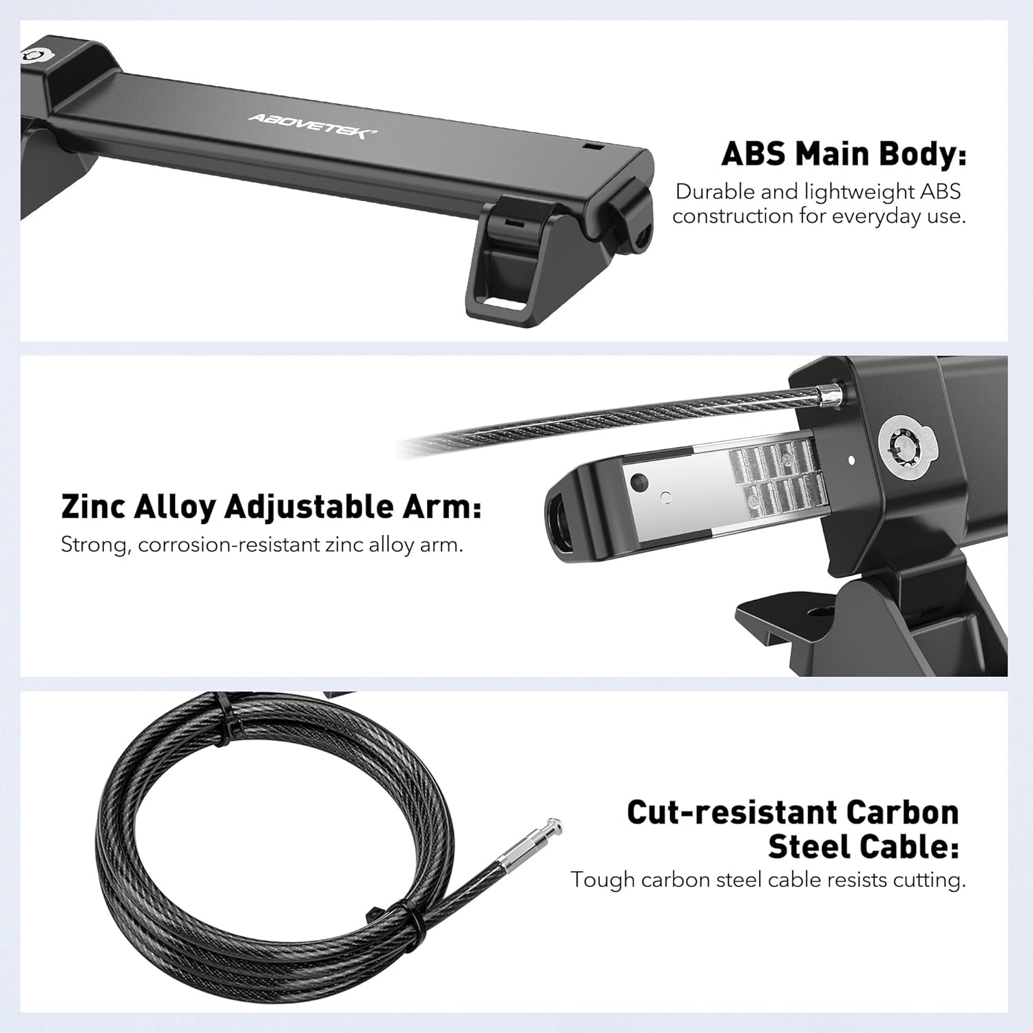 AboveTEK Blocco di Sicurezza per Laptop con 2m Cavo Chiavato: Stazione di Bloccaggio Antifurto, Larghezza Regolabile 28,2-39,8CM, Opzione di Montaggio Fisso o Portatile, Adatto per Notebook da 12"-16"