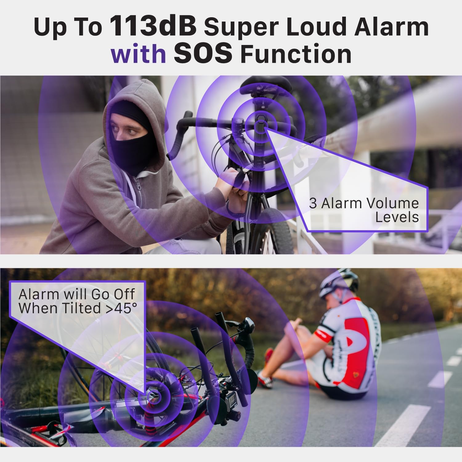 Fosmon Allarme antifurto wireless per bicicletta, con telecomando, impermeabile, a batteria, super forte, 113 dB, allarme di sicurezza per bicicletta, moto, scooter e bici elettrica