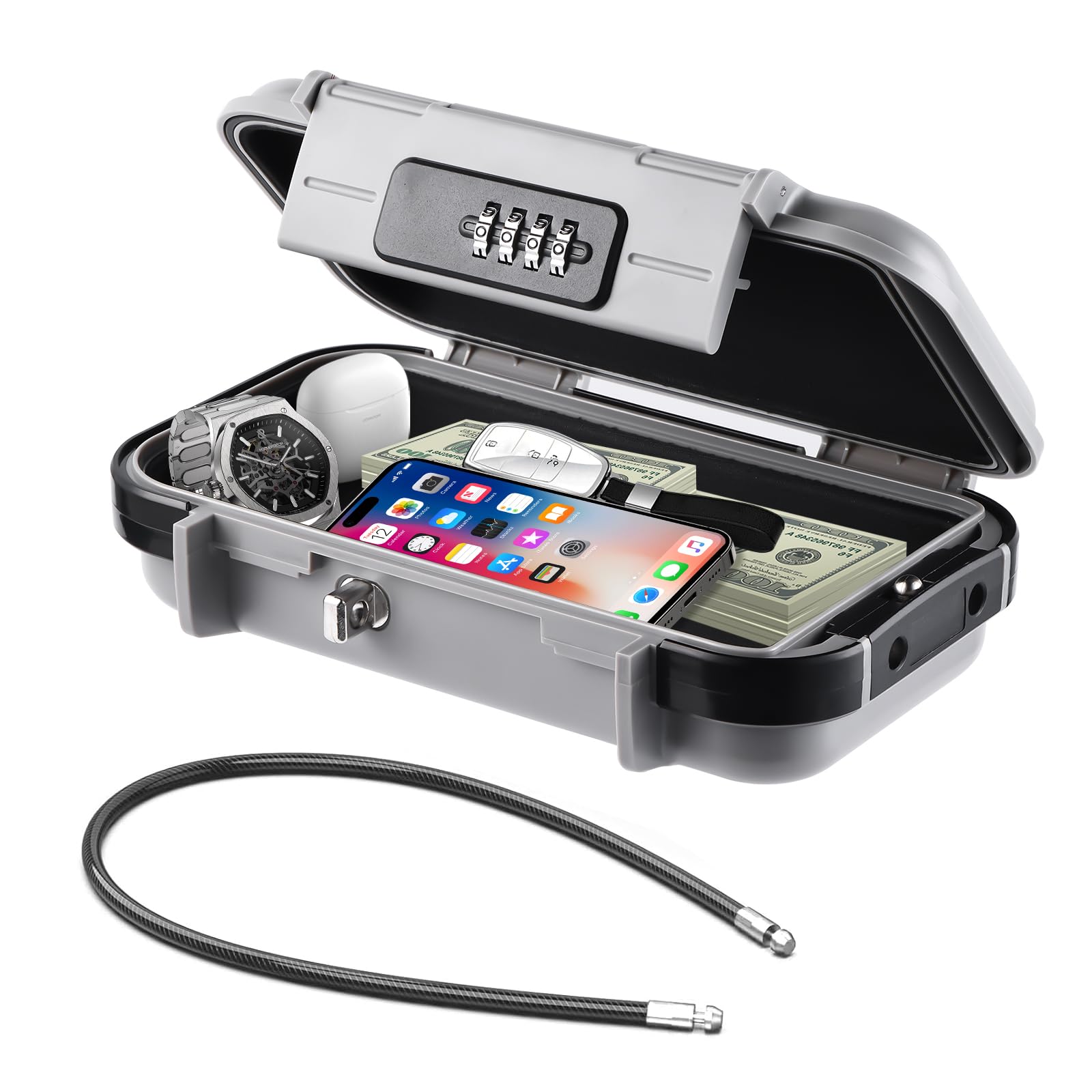 Cassaforte portatile con codice - Impermeabile e antifurto - Cassaforte da viaggio - Con cavo metallico rimovibile - Per la spiaggia, le auto, l'ufficio, le vacanze - Nero