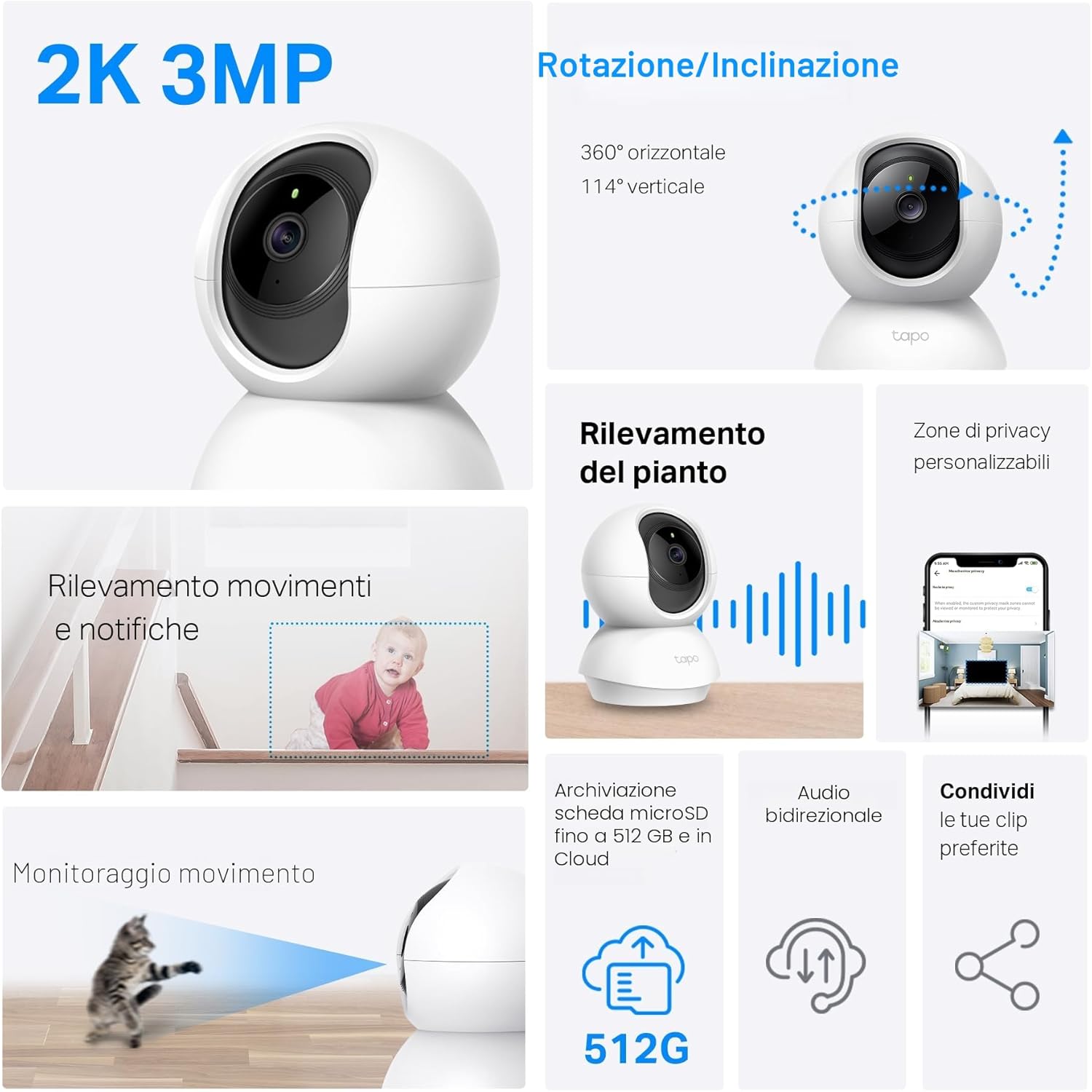 Tapo C210 Telecamera Wi-Fi Interno 2K(3MP), Videocamera Sorveglianza, Visione Notturna, Notifiche in Tempo Reale, Storage su Cloud, MicroSD fino a 512GB, Funziona con Alexa e Google Assistant