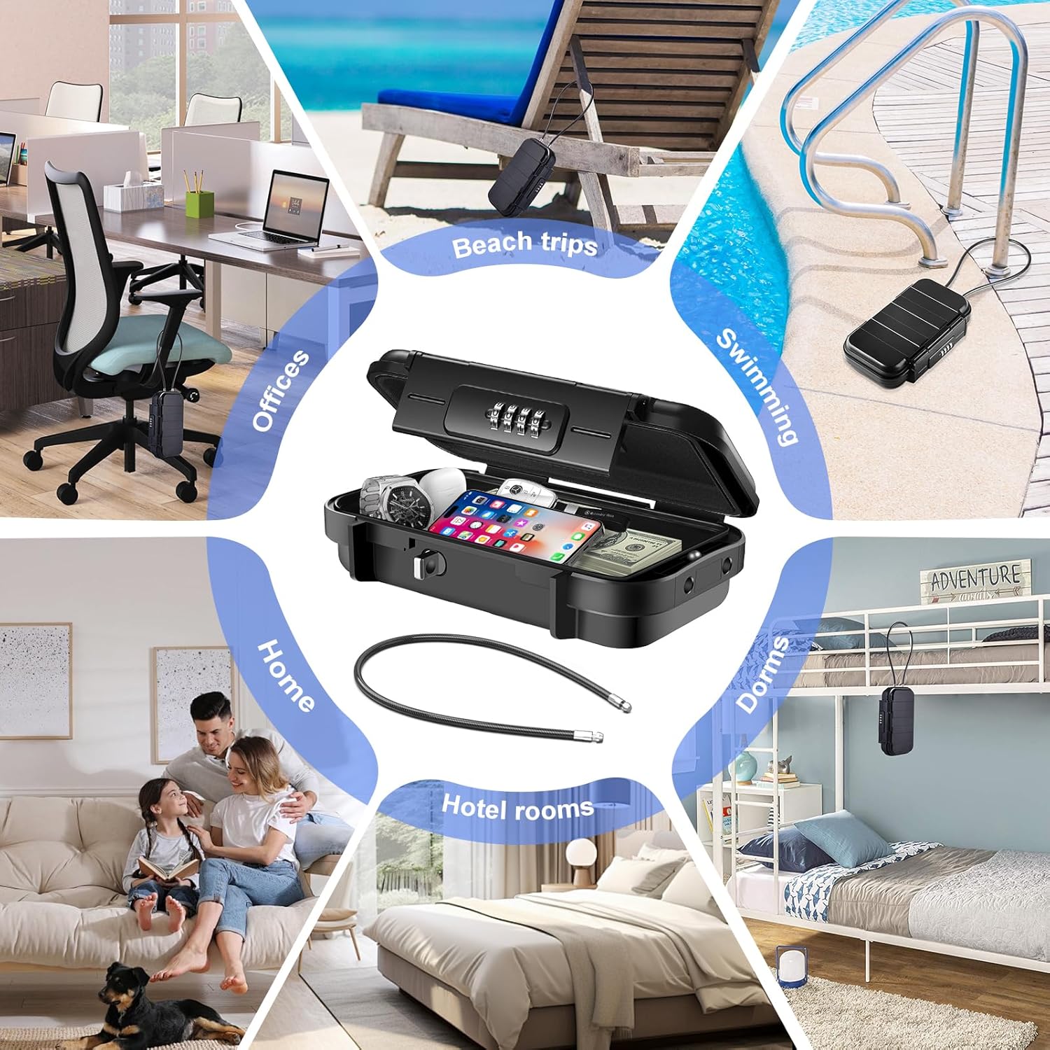 Cassaforte portatile con codice - Impermeabile e antifurto - Cassaforte da viaggio - Con cavo metallico rimovibile - Per la spiaggia, le auto, l'ufficio, le vacanze - Nero