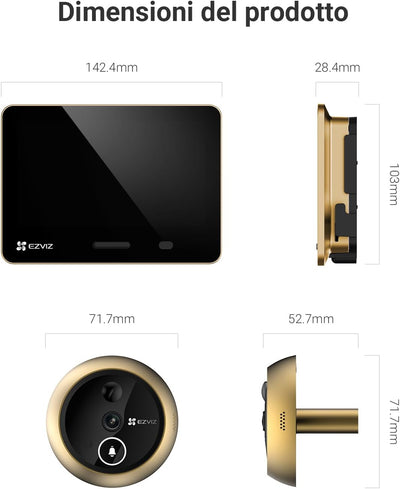 EZVIZ EP4 Spioncino Digitale WiFi 4K con Schermo Touch da 5,5", Batteria 7100mAh, Riconoscimento Facciale AI, Audio Bidirezionale, Visione Notturna, Rilevamento PIR, Supporta MicroSD 512GB, Oro