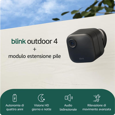 Videocamera Blink Outdoor 4 (Ultimo modello) - Videocamera di sicurezza smart HD wireless, autonomia di due anni, compatibile con Alexa - Sistema a 4 telecamere con Sync Module Core incluso - IP65