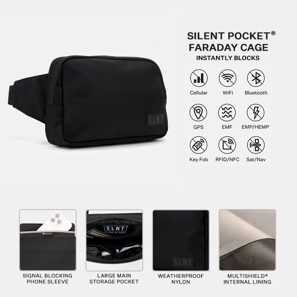 Silent Pocket SLNT Borsa a tracolla Faraday compatta con custodia per telefono Faraday con blocco del segnale, riduzione EMF e tasche con blocco RFID