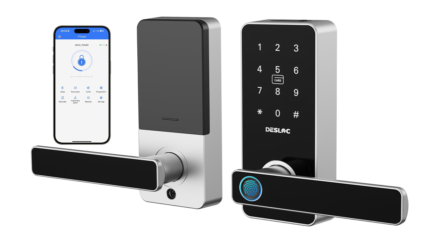 DESLOC B200L Fingerprint Smart Lock with Handle, Keyless Entry Door Locks for Front Door and Bedrooms, App Control, Touchscreen Keypad, Auto-Lock, 12-Month Battery, Emergency Power Port, IP54 Black