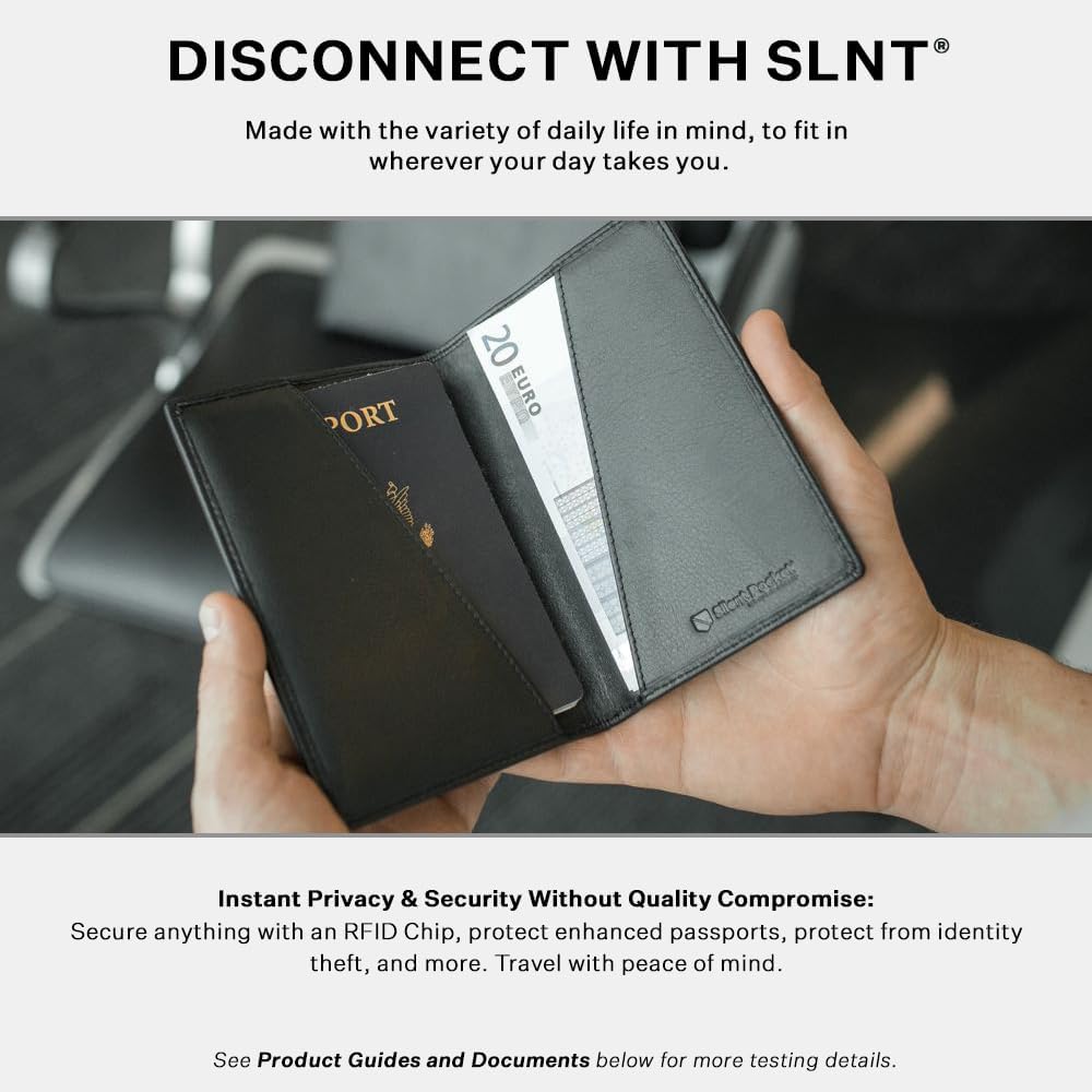 Silent Pocket Portafoglio per passaporto in pelle nera con blocco RFID, ideale per i viaggi
