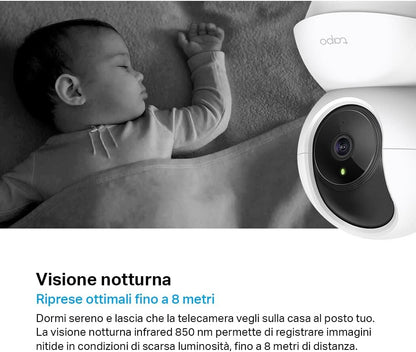 Tapo C210 Telecamera Wi-Fi Interno 2K(3MP), Videocamera Sorveglianza, Visione Notturna, Notifiche in Tempo Reale, Storage su Cloud, MicroSD fino a 512GB, Funziona con Alexa e Google Assistant