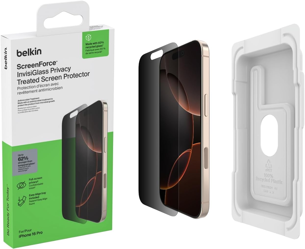 Belkin Recycled Privacy Screen Protector for iPhone 16 Pro 6.3" 2024| Drop & Scratch Protection, Privacy Filter, Anti-Fingerprint, Slim 0.33mm Design, Full Screen, Includes Easy Align Tray