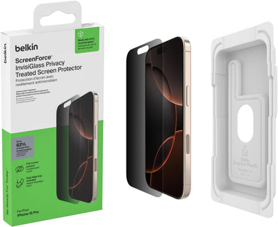Belkin Recycled Privacy Screen Protector for iPhone 16 Pro 6.3" 2024| Drop & Scratch Protection, Privacy Filter, Anti-Fingerprint, Slim 0.33mm Design, Full Screen, Includes Easy Align Tray