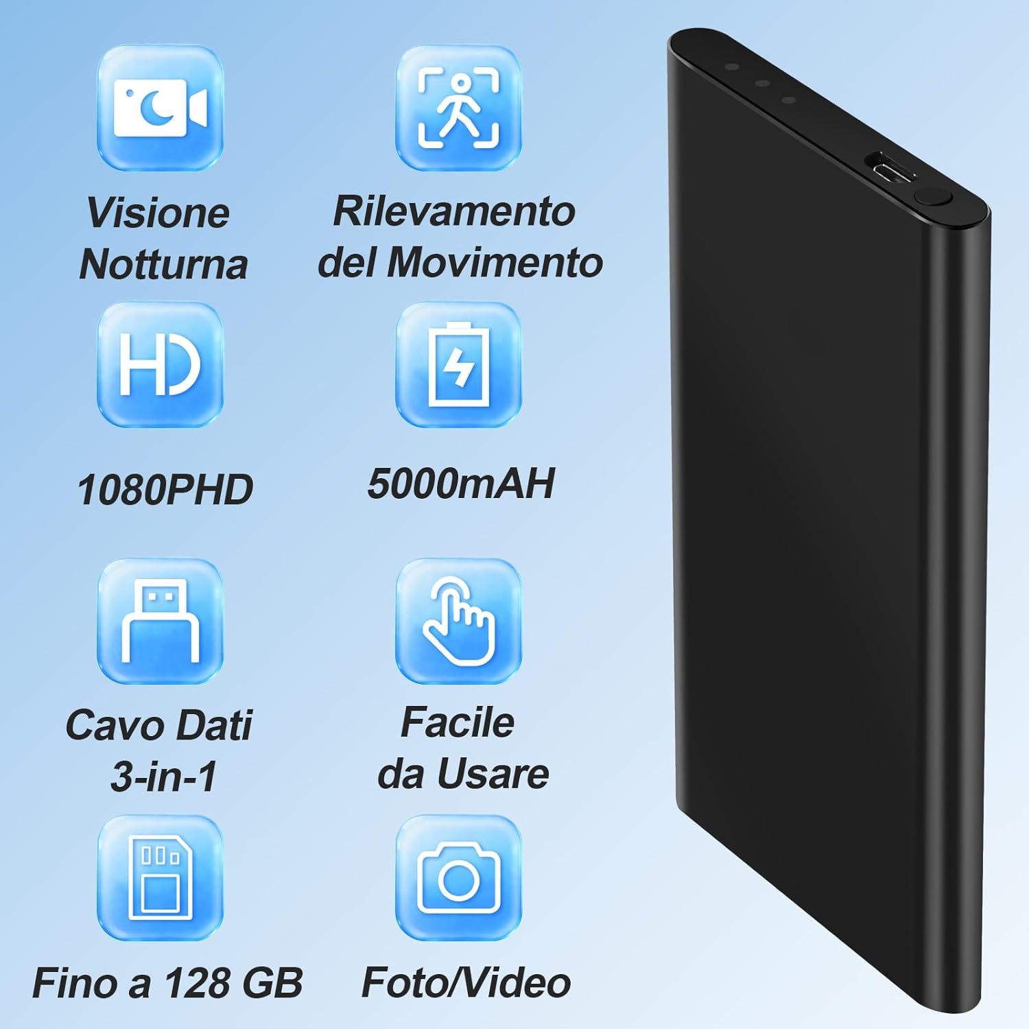 Telecamera Spia Power Bank, Doppia Funzione 1080P HD Mini Telecamera Spia Nascosta, Batteria 5000 mAh per 17 Ore di Registrazione con Cavo USB 3-in-1
