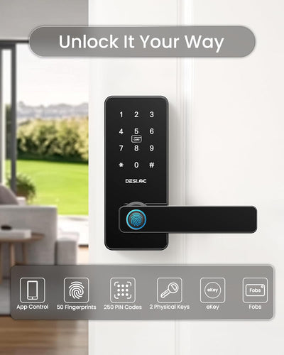 DESLOC B200L Fingerprint Smart Lock with Handle, Keyless Entry Door Locks for Front Door and Bedrooms, App Control, Touchscreen Keypad, Auto-Lock, 12-Month Battery, Emergency Power Port, IP54 Black