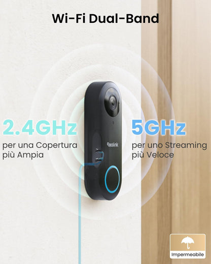Reolink 5MP Videocitofono Wi-Fi 2,4/5 GHz con Chime, Rilevamento e Avvisi di Uomo, Video Campanello, Audio Bidirezionale, Visione Notturna a Infrarossi, Video Doorbell Supporta microSD e Cloud, Nero
