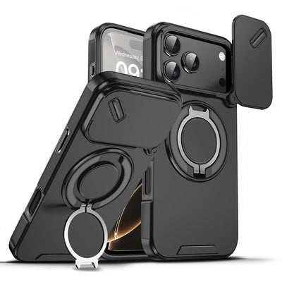 Mixroom - Custodia Cover per iPhone 13 Protezione Antiurto Militare con Supporto cellulare a stand Cavalletto ad Anello Magnetico Copertura Fotocamera Slide Scorrevole C07 Nero