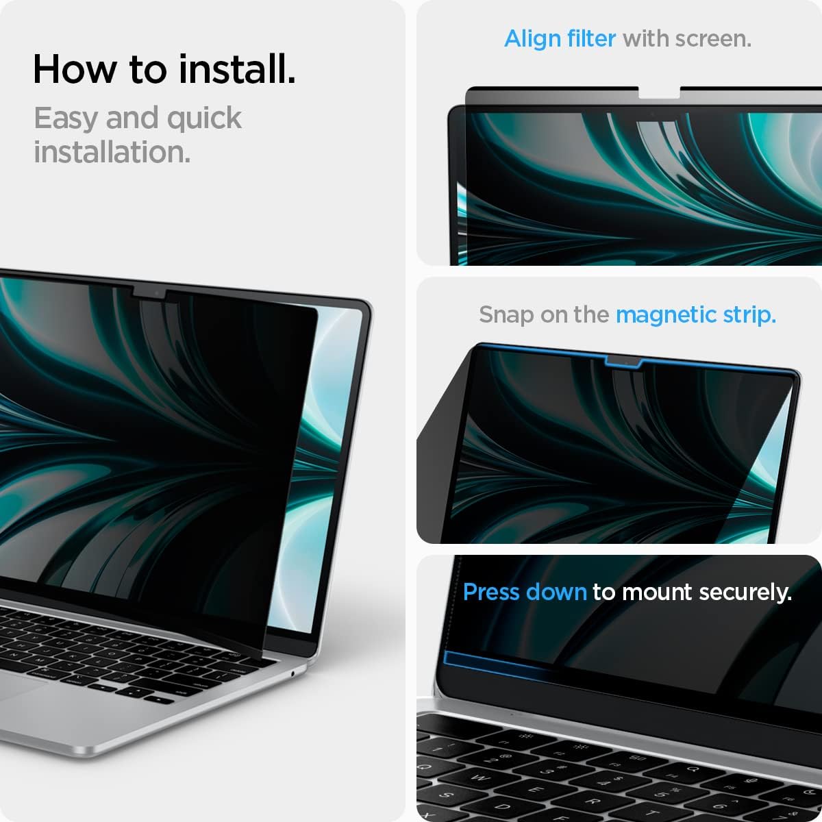 Spigen Safeview Filtro Privacy Magnetico compatibile con MacBook Air 13 pollci (M5 2026 / M4 2025 / M3 2024 / M2 2023), Anti-Spia, Rimovibile, con Panno per la Pulizia e Custodia