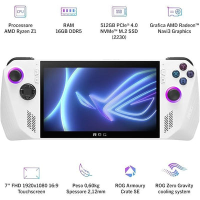 ASUS ROG Ally – Console da gaming con touchscreen da 7", 120Hz, AMD Ryzen Z1, 16GB RAM, SSD da 512GB, Bianco