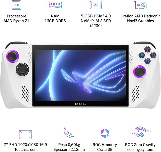 ASUS ROG Ally Console Touchscreen Monitor with 7" Gloss Display, 120Hz, AMD Ryzen Z1, RAM 16GB, 512GB SSD PCIE, Windows 11 Home, White