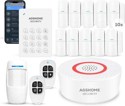 AGSHOME Allarme Casa Senza Fili 15 Pezzi, Antifurto Casa, Fai da Te con Wi-Fi & Notifiche App, Include Sirena, 10 Sensori, 2 Telecomandi, 1 Sensore di Movimento, 1 Tastiera, Compatibile con Alexa