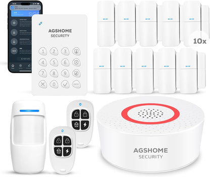 AGSHOME Allarme Casa Senza Fili 15 Pezzi, Antifurto Casa, Fai da Te con Wi-Fi & Notifiche App, Include Sirena, 10 Sensori, 2 Telecomandi, 1 Sensore di Movimento, 1 Tastiera, Compatibile con Alexa