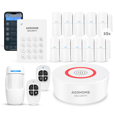 AGSHOME Allarme Casa Senza Fili 15 Pezzi, Antifurto Casa, Fai da Te con Wi-Fi & Notifiche App, Include Sirena, 10 Sensori, 2 Telecomandi, 1 Sensore di Movimento, 1 Tastiera, Compatibile con Alexa