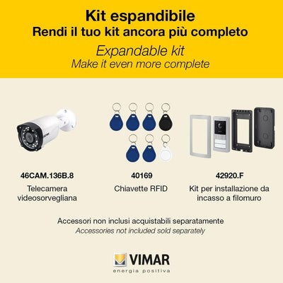Vimar K42910 Kit videocitofono monofamiliare da parete con con tastiera capacitiva, alimentatore multispina, targa audiovideo RFID, staffe per fissaggio, tradizionale