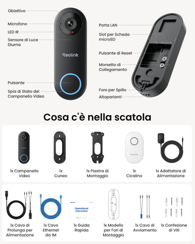 Reolink 5MP Videocitofono Wi-Fi 2,4/5 GHz con Chime, Rilevamento e Avvisi di Uomo, Video Campanello, Audio Bidirezionale, Visione Notturna a Infrarossi, Video Doorbell Supporta microSD e Cloud, Nero