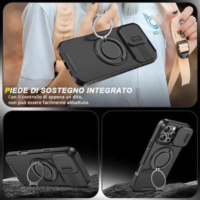 Mixroom - Custodia Cover per iPhone 13 Protezione Antiurto Militare con Supporto cellulare a stand Cavalletto ad Anello Magnetico Copertura Fotocamera Slide Scorrevole C07 Nero