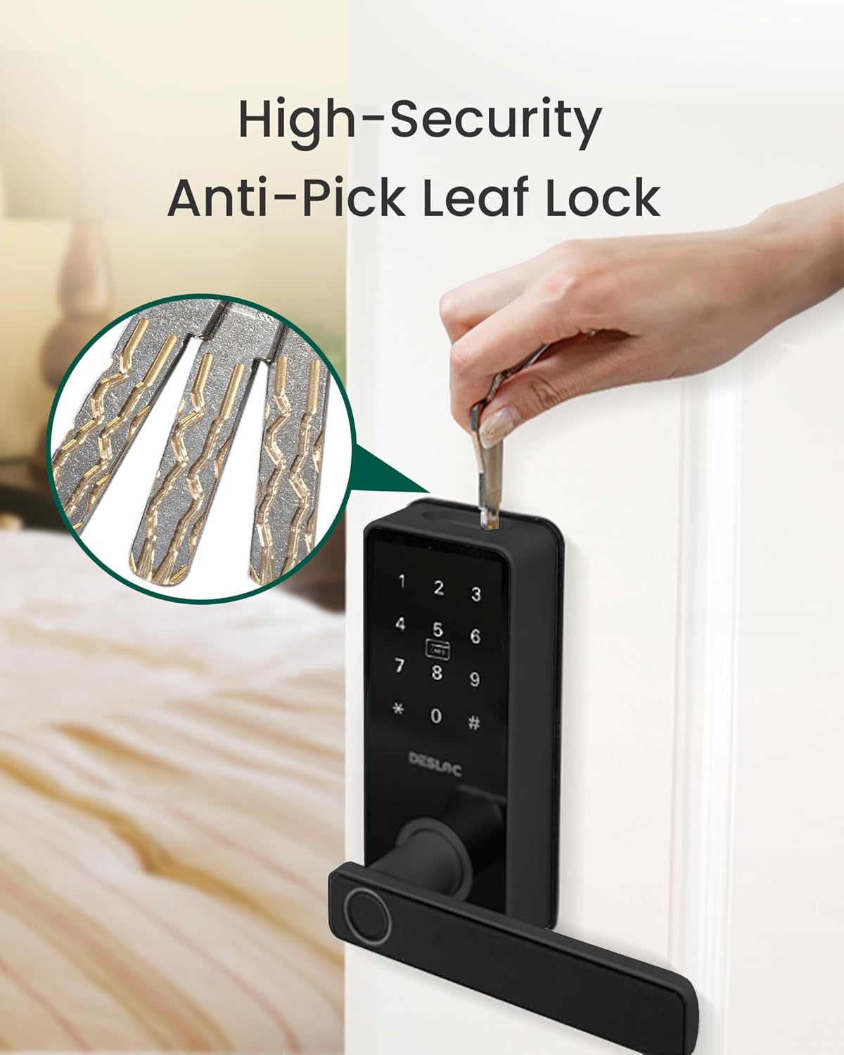 DESLOC B200L Fingerprint Smart Lock with Handle, Keyless Entry Door Locks for Front Door and Bedrooms, App Control, Touchscreen Keypad, Auto-Lock, 12-Month Battery, Emergency Power Port, IP54 Black