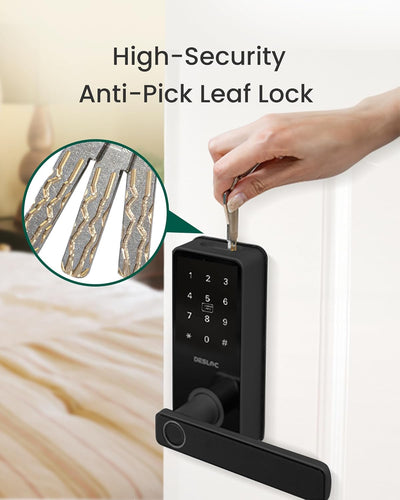 DESLOC B200L Fingerprint Smart Lock with Handle, Keyless Entry Door Locks for Front Door and Bedrooms, App Control, Touchscreen Keypad, Auto-Lock, 12-Month Battery, Emergency Power Port, IP54 Black