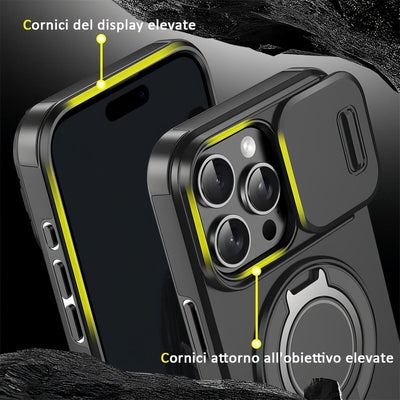 Mixroom - Custodia Cover per iPhone 13 Protezione Antiurto Militare con Supporto cellulare a stand Cavalletto ad Anello Magnetico Copertura Fotocamera Slide Scorrevole C07 Nero