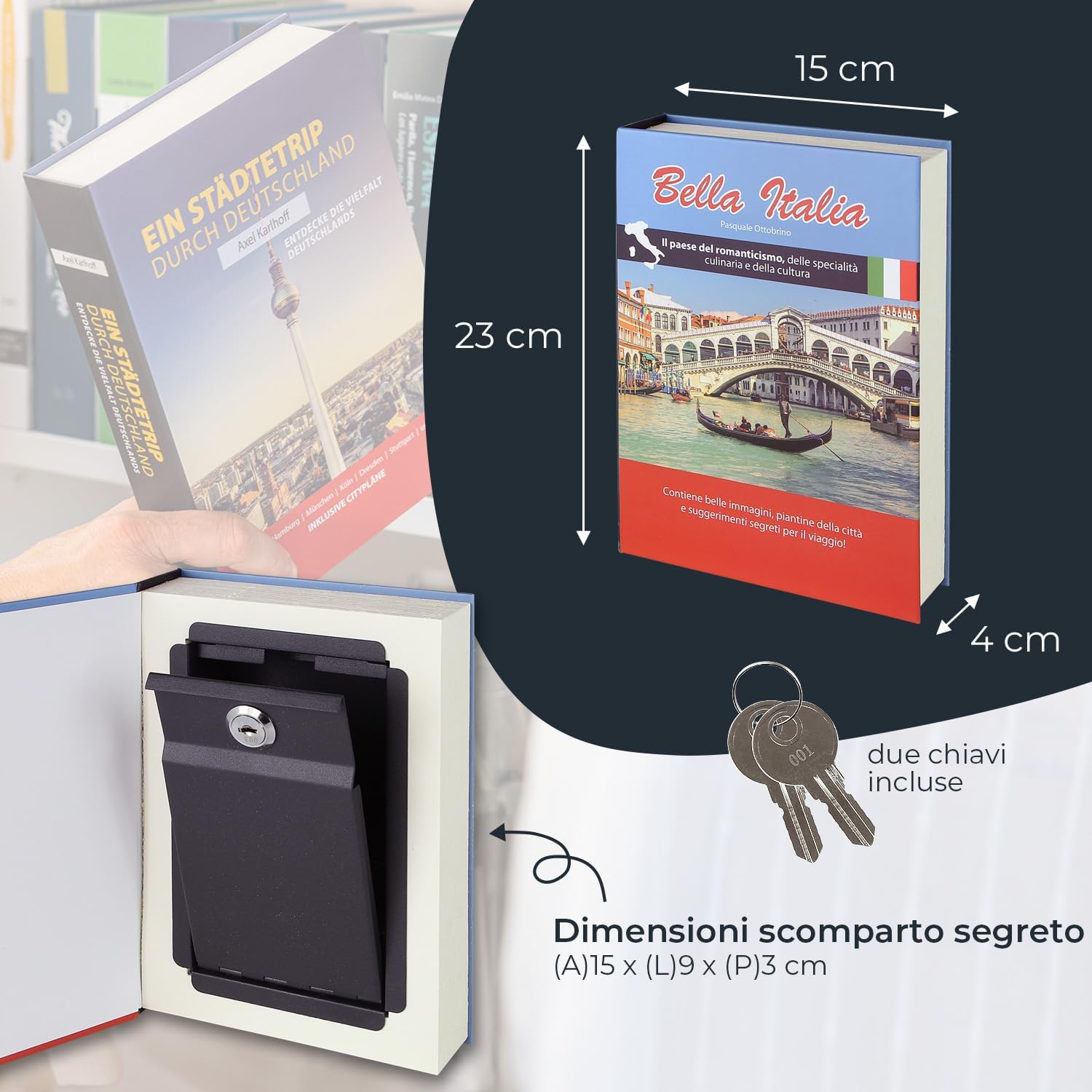 HMF 80935 Cassaforte da baia, cassetta portavalori mimetizzata, pagine di carta autentica | “Bella Italia” | 23 x 15 x 4 cm | iscrizione in italiano