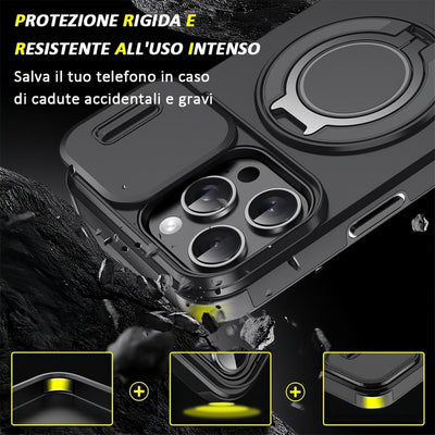 Mixroom - Custodia Cover per iPhone 13 Protezione Antiurto Militare con Supporto cellulare a stand Cavalletto ad Anello Magnetico Copertura Fotocamera Slide Scorrevole C07 Nero