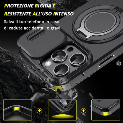 Mixroom - Custodia Cover per iPhone 13 Protezione Antiurto Militare con Supporto cellulare a stand Cavalletto ad Anello Magnetico Copertura Fotocamera Slide Scorrevole C07 Nero
