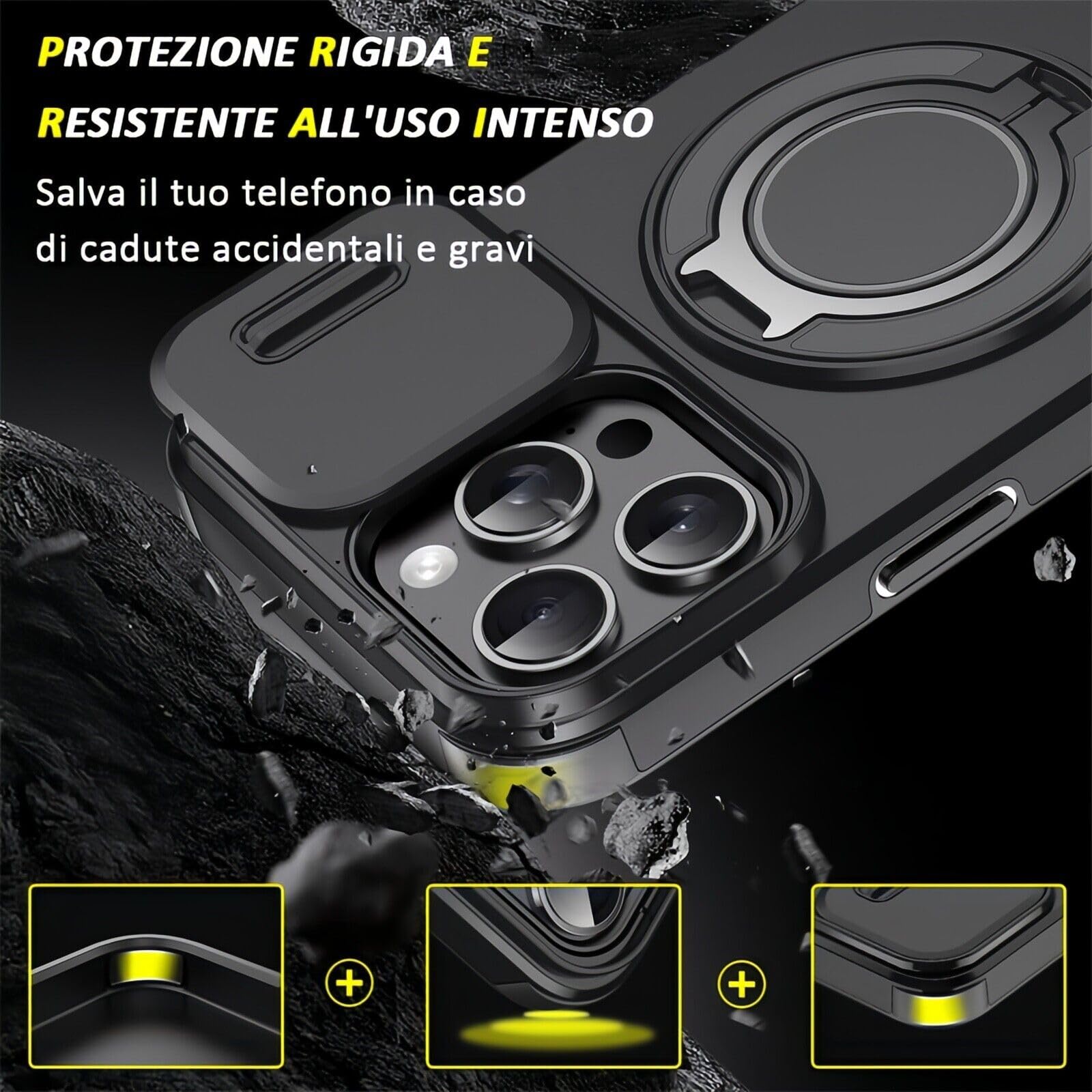 Mixroom - Custodia Cover per iPhone 13 Protezione Antiurto Militare con Supporto cellulare a stand Cavalletto ad Anello Magnetico Copertura Fotocamera Slide Scorrevole C07 Nero